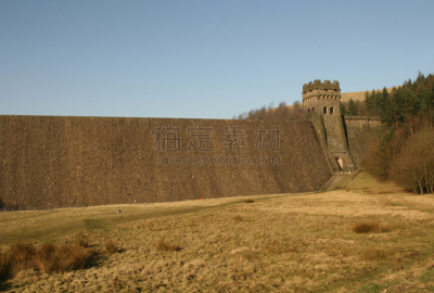 德文特水库,墙,水坝,莱迪鲍尔水库,砂岩,挡土墙,德比,天空,旷野,摩尔人风格