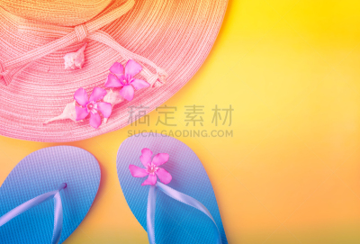 拖鞋,贝壳,草帽,时尚,粉色,黑白图片,蓝色,海滩,概念,度假