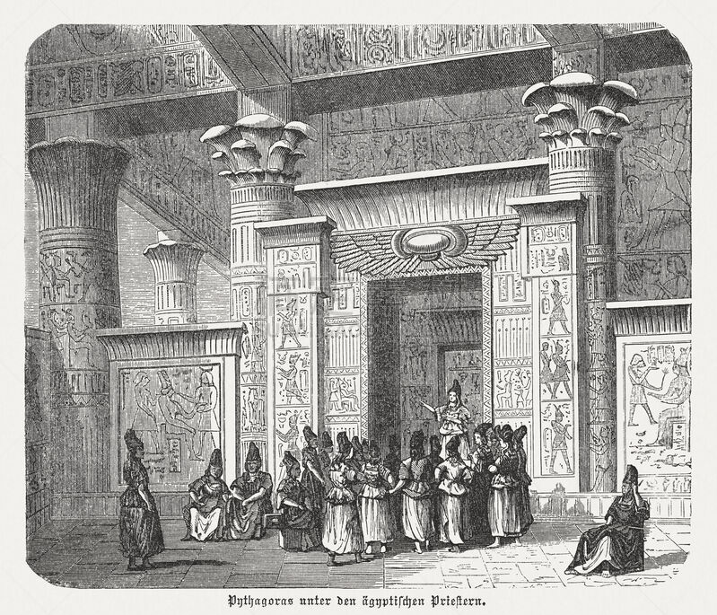 Pythagoras among the Egyptian priests, wood engraving, published in 1880