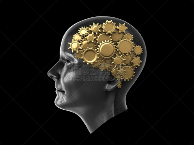 脑,智慧,黄金,人的头部,三维图形,概念,抽象,自行车齿轮,工作,锻炼