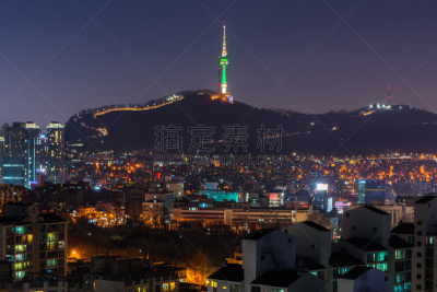 夜晚,首尔,朝鲜半岛,城市天际线,韩国,水平画幅,无人,英文字母n,户外,都市风景