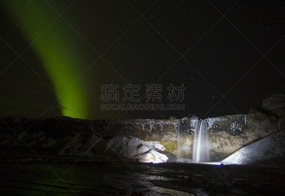 北极光,冰岛国,天空,星系,树林瀑布,水平画幅,夜晚,雪,瀑布,无人