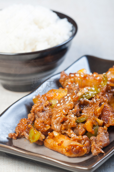 韩式烧牛肉,米,年糕,菲律宾,餐具,垂直画幅,格子烤肉,褐色,重的,葱