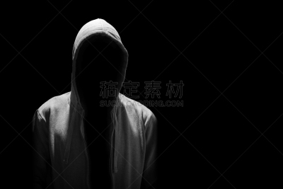 无形的,男人,注视镜头,黑色背景,分离着色,包裹头巾,黑客,潜行者,连帽运动外套,水平画幅