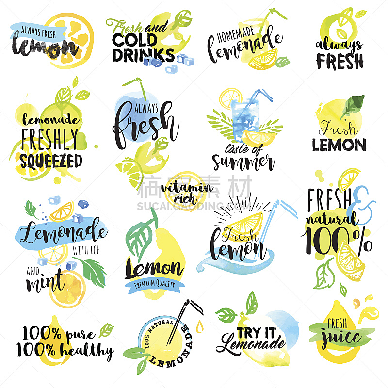 柠檬苏打水,柠檬水,标签,标志,动物手,水彩画,柠檬,果汁,水彩颜料,维生素