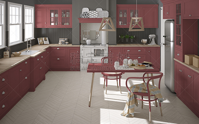 斯堪的纳维亚人,木制,红色,厨房,简单,室内设计师,极简构图,大特写,建筑模型,镶花地板