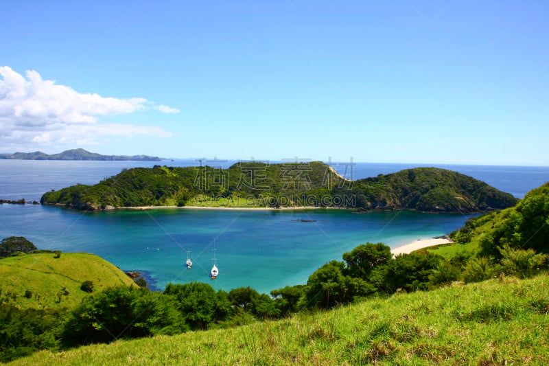 bay of islands,新西兰,水,天空,水平画幅,派希亚镇,无人,户外,草,云景