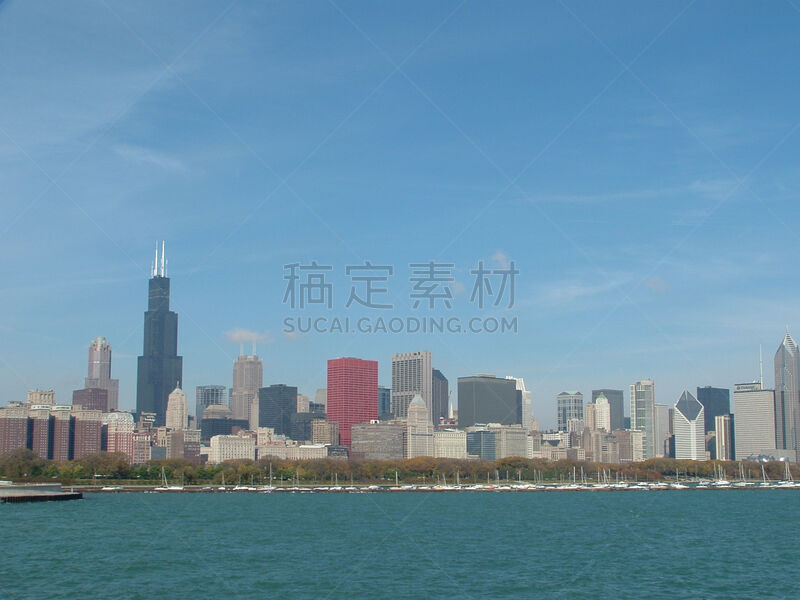 芝加哥市,城市天际线,水,天空,水平画幅,无人,夏天,户外,湖,明亮