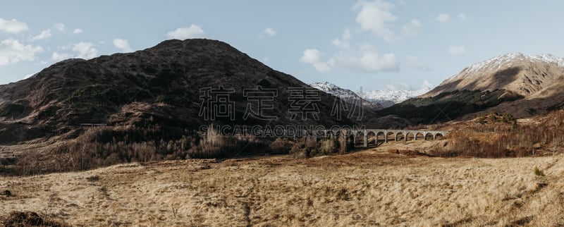 苏格兰,格伦菲南地区,全景,高架桥,美,水平画幅,山,无人,铁轨轨道,户外