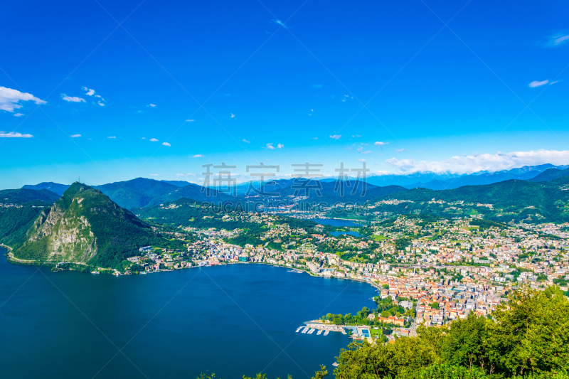 Aerial view of Lugano and Lugano lake from Monte Bré in Switzerland