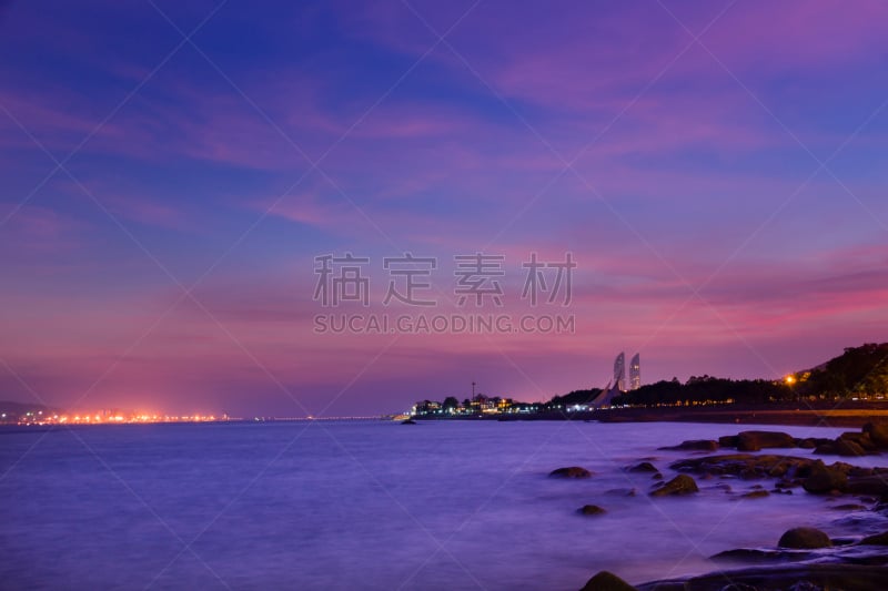 厦门,黄昏,海滩,福建省,水,天空,水平画幅,山,岩石,无人