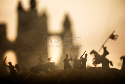 骑军,雾,中世纪时代,勇士,在之间,接力赛,船首像,日落,打斗