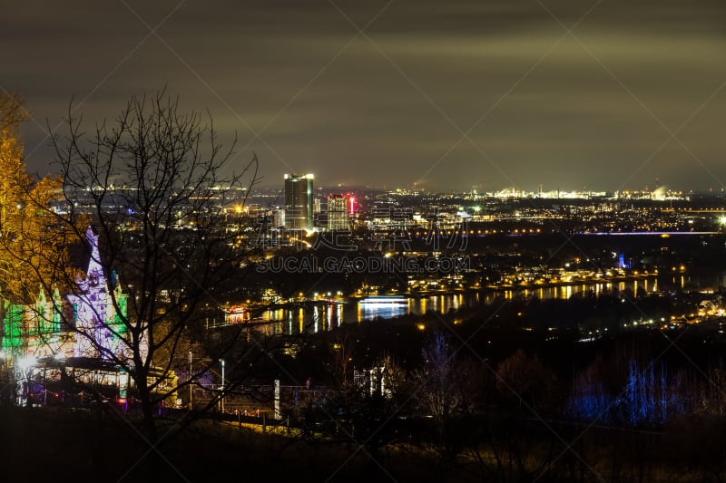 夜晚,波恩,德国,高视角,图像,无人,河流,莱茵河,户外,水平画幅