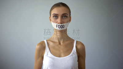 食品,女人,禁止的,概念,人的嘴,苗条,瘦弱,神经性厌食症,健康保健,强迫性的
