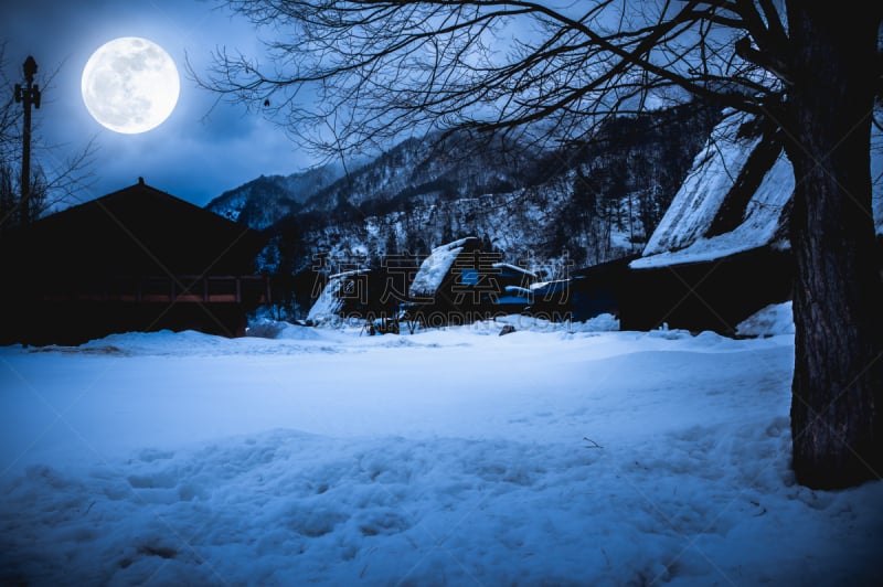 雪,陆地,月光酒,小屋,天空,美,水平画幅,夜晚,无人,月亮