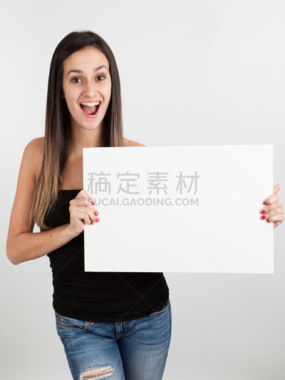 拿着,白板,青年女人,空的,肖像,一个人,床单,女人,仅一个青年女人