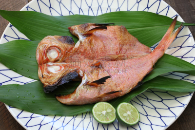 格子烤肉,日本食品,鱼肉,海鲷,戈尔登,酸桔柑,鱼干,餐具,早餐,水平画幅