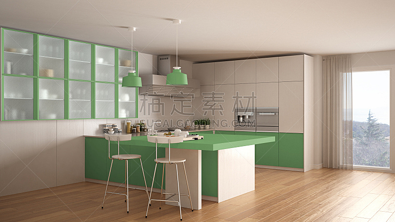 镶花地板,现代,白色,厨房,室内设计师,简单,极简构图,绿色,风管,开放式设计