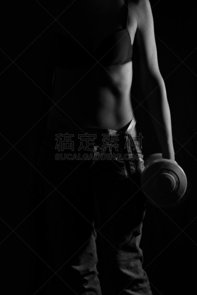 腰部,健身房,厘米,女孩,牛仔裤,哑铃,垂直画幅,美,青少年,形状