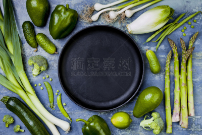 留白,素食,晚餐,绿色,在上面,蔬菜,多样,成分,平铺,组物体