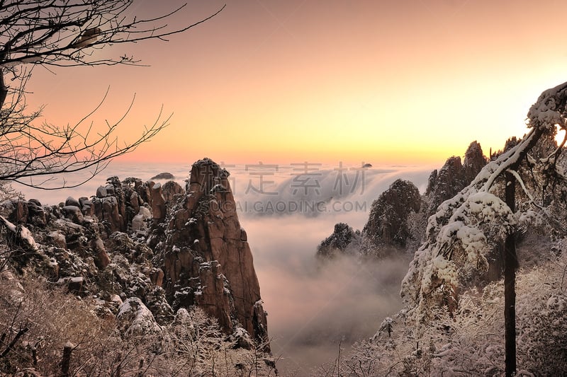 黄山山脉,早晨,地形,自然美,安徽省,天空,水平画幅,山,无人,户外