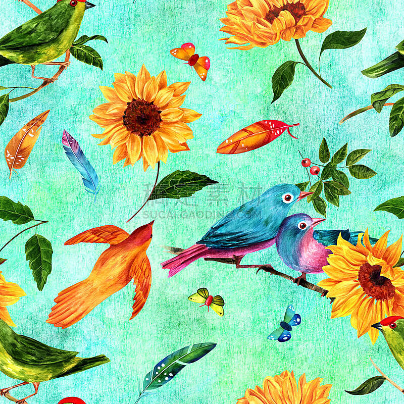 鸟类,四方连续纹样,翎毛,蝴蝶,向日葵,水彩画,绘画插图,古典式,动物身体部位