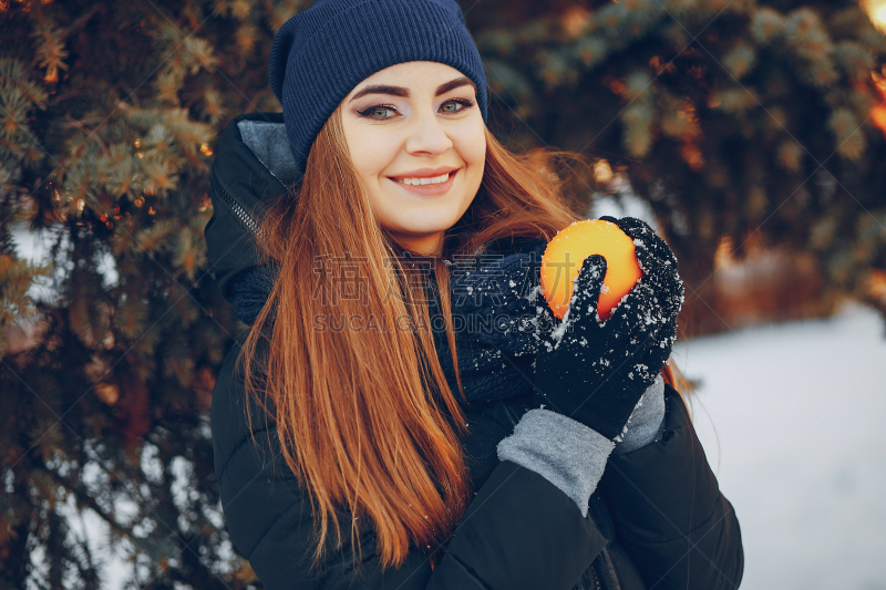 冬天,城市,女孩,棉袄,冬衣,美,水平画幅,雪,美人