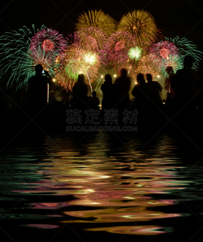 焰火,人,看台,参观者,放焰火,自来水,垂直画幅,合成图像,水,天空