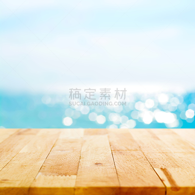 夏天,明亮,桌子,木制,蓝色,海洋,背景,运动模糊,空的桌子,蒙太奇