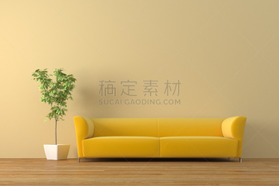硬木地板,沙发,极简构图,盆栽植物,黄色,水平画幅,无人,家庭生活,家具,舒服