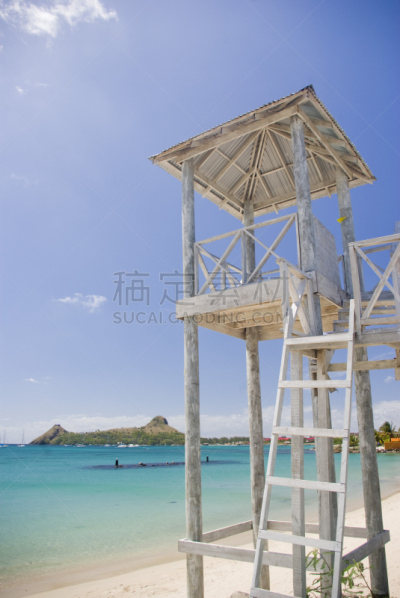 海滩,救生椅,青绿色,罗德尼湾,海上建筑,圣卢西亚,高跷,了望塔,救生员,垂直画幅