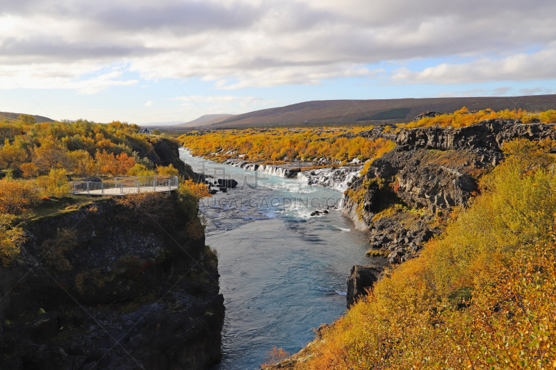 风景,hraunfossar,river hvita,视角,在上面,非凡的,地形,户外,秋天,旅游目的地