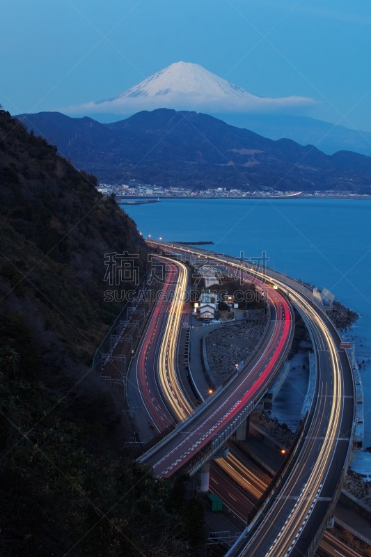 富士山,山,托美高速公路,主干路,垂直画幅,夜晚,无人,蓝色,日本,公路