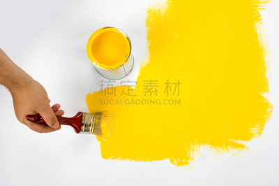 手,涂料,黄色,色彩鲜艳,平视角,白色,留白,新粉刷的,水平画幅