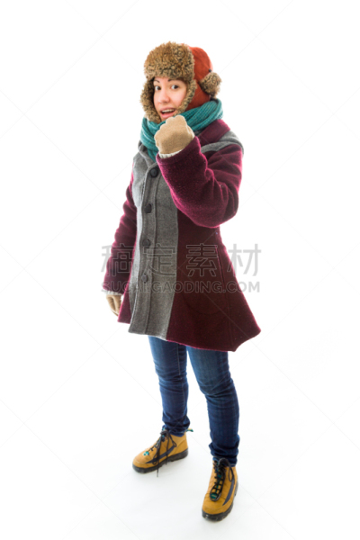 青年女人,厚衣服,消声器,振臂高呼,垂直画幅,女强人,仅成年人,庆祝,满意