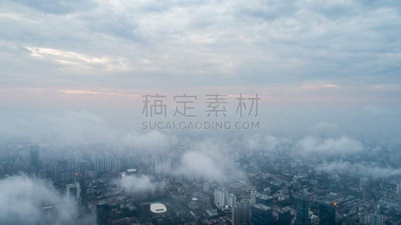 雾,上海,城市,航拍视角,早晨,暴风雨,气候,水平画幅,高视角,云