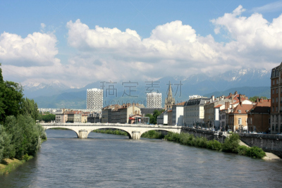 格勒诺布尔,全貌,水,水平画幅,山,无人,户外,都市风景,彩色图片