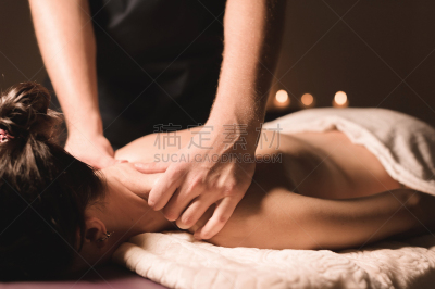 暗色,女孩,spa美容,颈,手,替代疗法,特写,按摩,躺,做