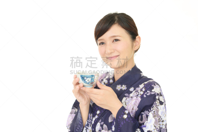 日本人,女人,七夕节,日式茶杯,便装和服,绿茶,和服,留白,半身像,健康