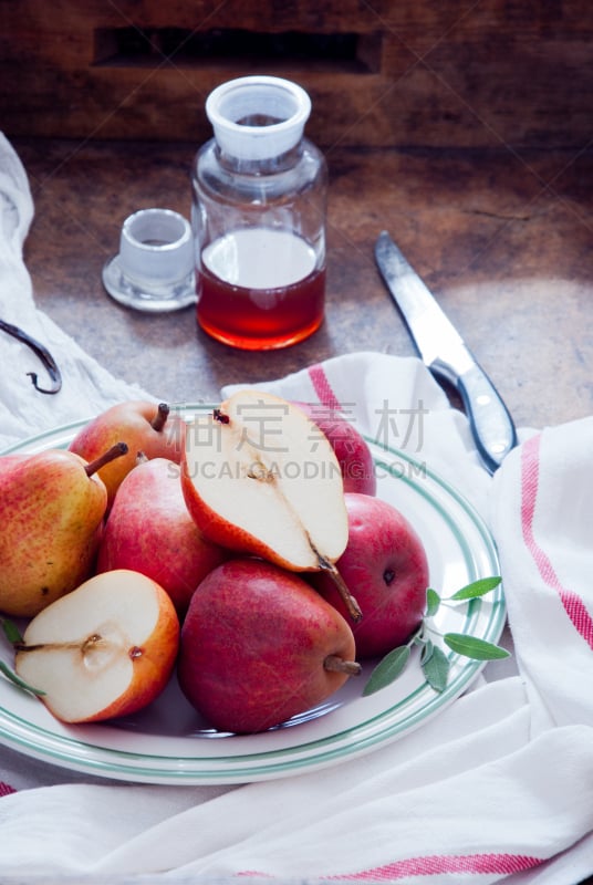 巴氏梨,红色,anjou pear,果盘,水煮食品,垂直画幅,褐色,无人,生食,组物体