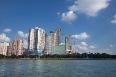 建筑业,河流,广州,水,天空,新的,水平画幅,无人,户外,都市风景