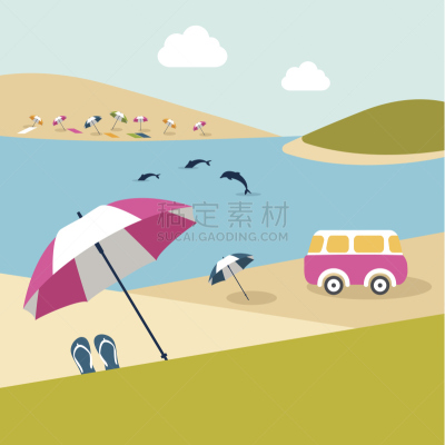 面包车,海豚,夏天,海滩,岛,遮阳伞,纸风车,彩色图片,水,天空