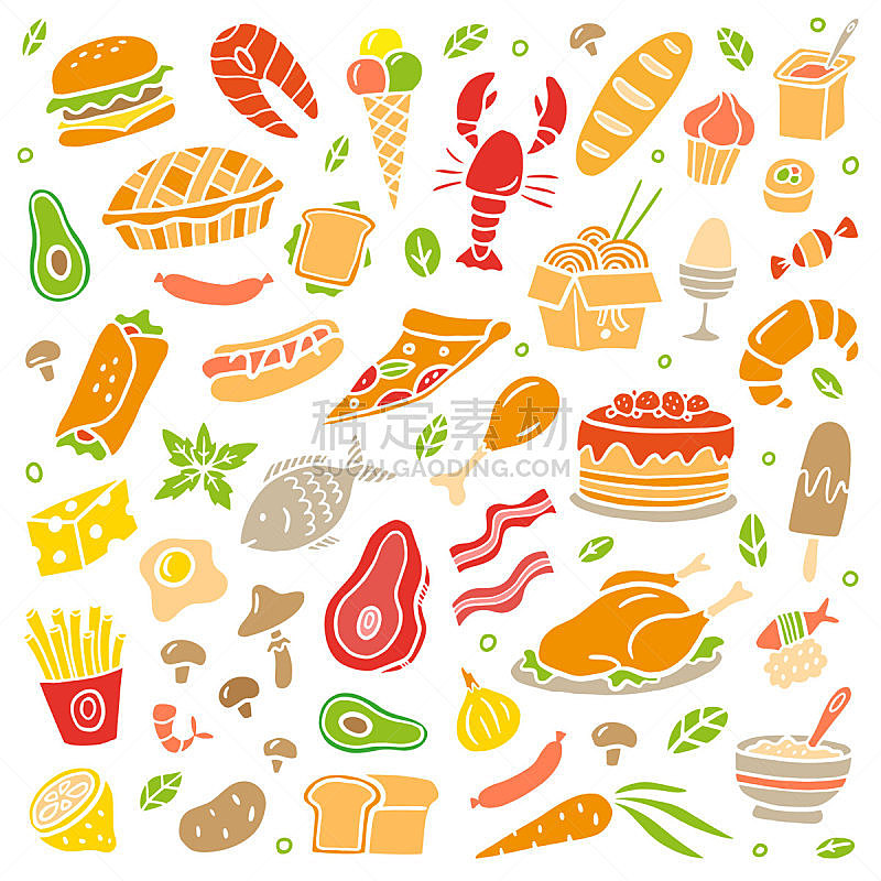 食品,绘画插图,反差,动物手,盘子,色彩鲜艳,大量物体,华丽的,菜单