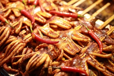 北京,街头食品,鱿鱼,章鱼,超级市场,格子烤肉,水平画幅,墨鱼,膳食,海产