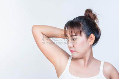 高举手臂,女人,拿着,腋毛,扣纽扣,手臂下的,腋窝,臭,半身像,四肢
