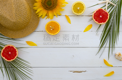 留白,夏天,在上面,白色,木制,棕榈叶,帽子,背景,鸡尾酒,水果