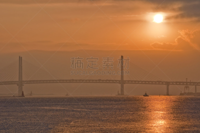 横滨海湾大桥,黎明,横滨,天空,水平画幅,无人,日本,早晨,船,太阳