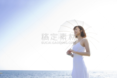 女人,阳伞,海岸线,紫外线辐射,自然,水,仅一个女人,水平画幅,地形,日本