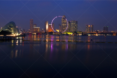 新加坡市,夜晚,滨海广场,新加坡摩天观景轮,滨海湾 ,摩天轮,游乐园,水,水平画幅,新加坡