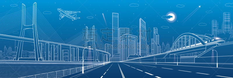 夜晚,现代,矢量,飞机,全景,城市,塔,背景,艺术,设计